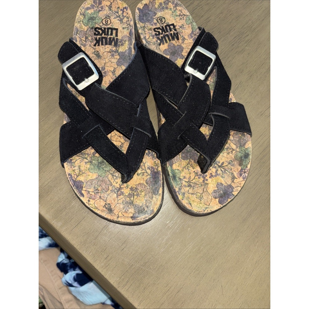 MUK LUKS Shayna Terra Turf Black Suede Criss Cross Strap Sandals 8 Resort Boho